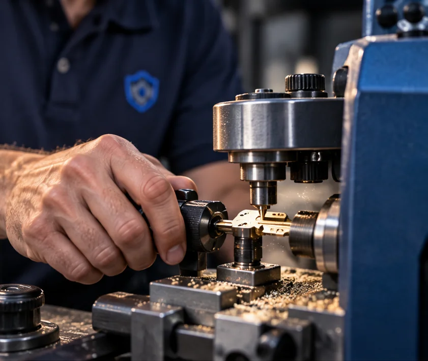 A key being cut on a portable milling machine