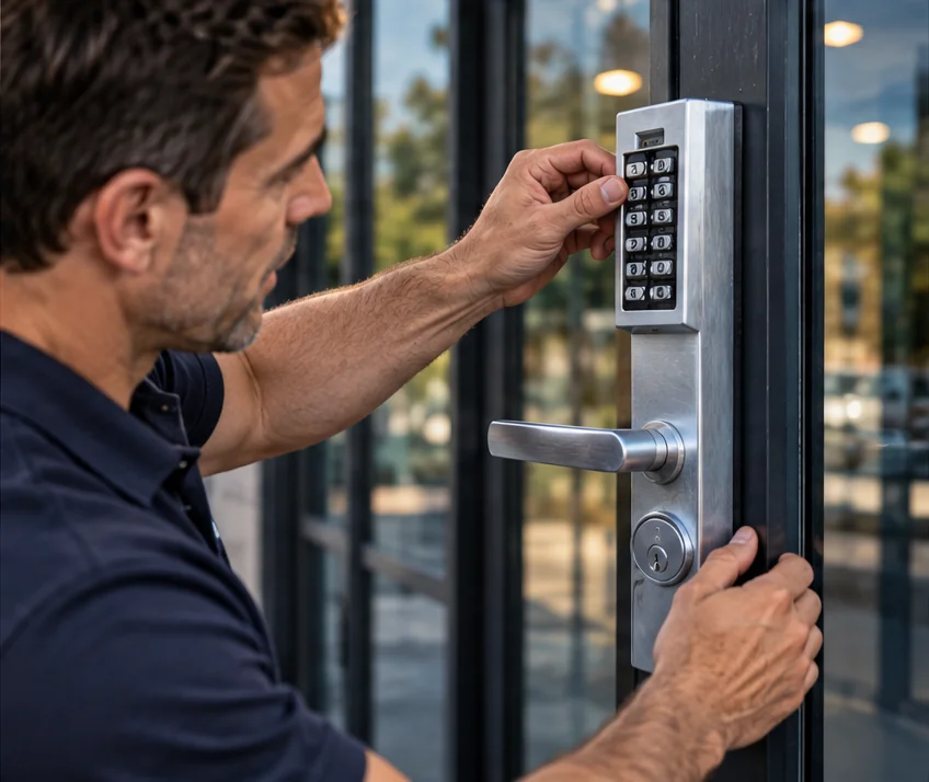 A technician setting a keypad lock on a storefront glass door